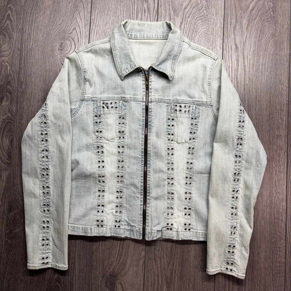 Vintage Y2k Light Wash Womens Medium Grommet Eyelet Zip Up Denim Jacket Punk
